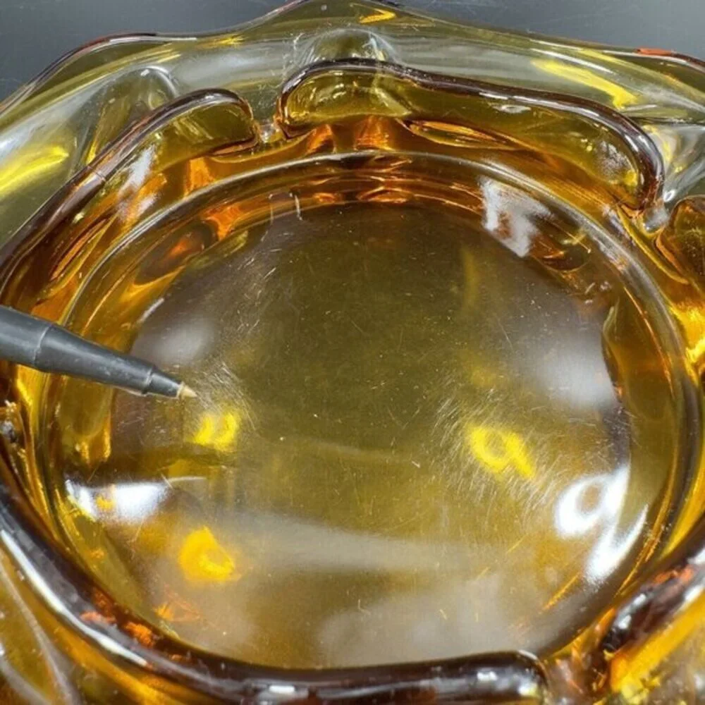 1960s Vintage Amber‎ Glass Ashtray Dish Wavy Edges Vintage Glass Decor 8 In Wide